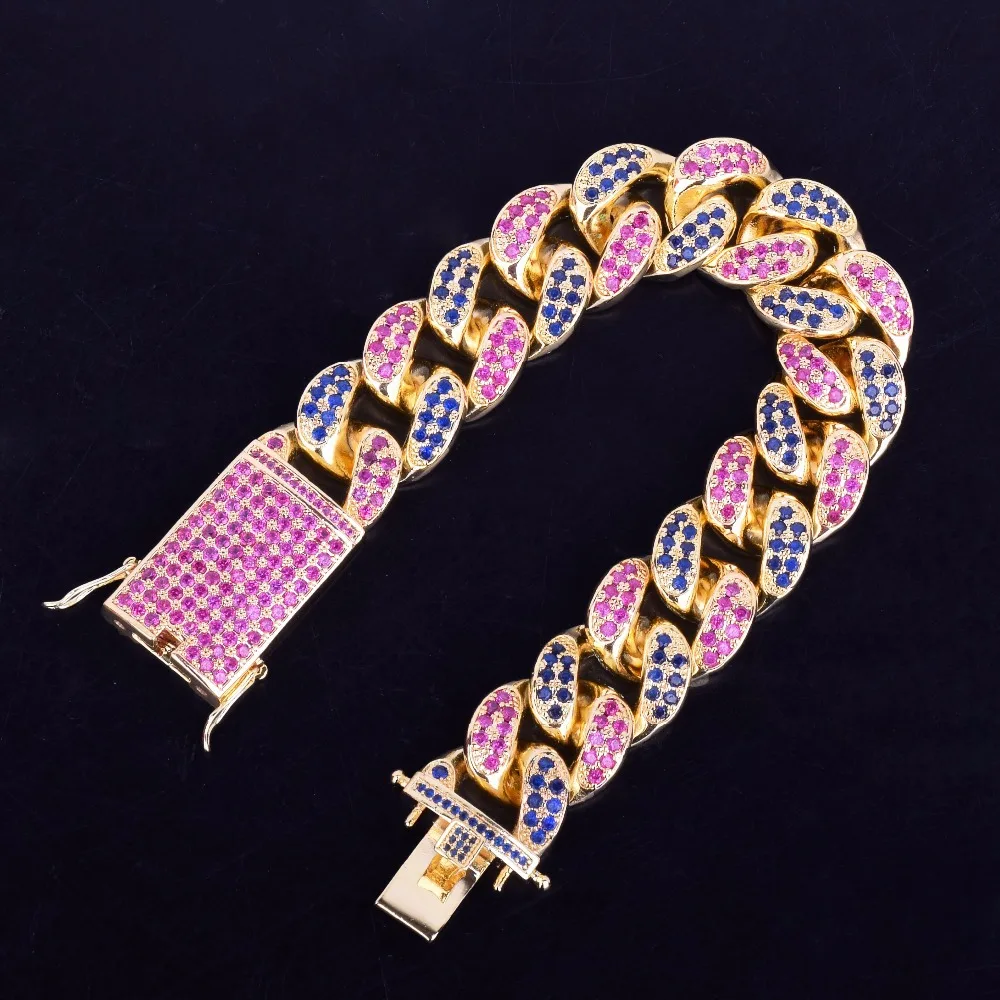 20 мм в ширину розовый синий CZ камни проложили хип хоп Bling Iced Out Gold Miami Curb кубинские