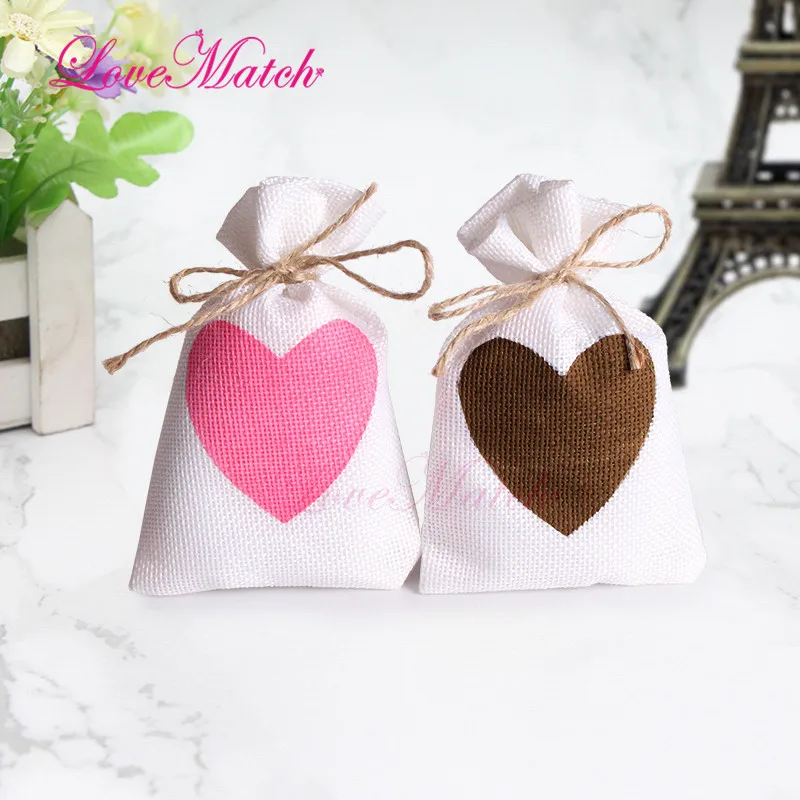 

2019 New 50pcs Heart Jute Linen Bags Drawstring for Present Wedding Favors and Gifts Candy Bag Birthday Party Decorations Kids