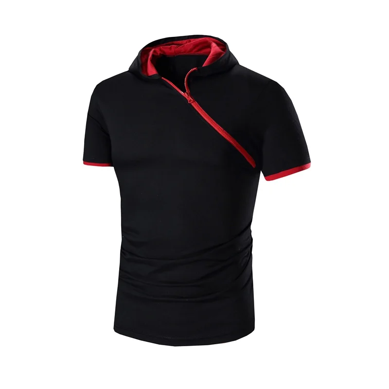 Men 's personality brand clothing t shirt men Popular new 2017 Slim short - sleeved hooded oblique zipper 3 color XXXL | Мужская