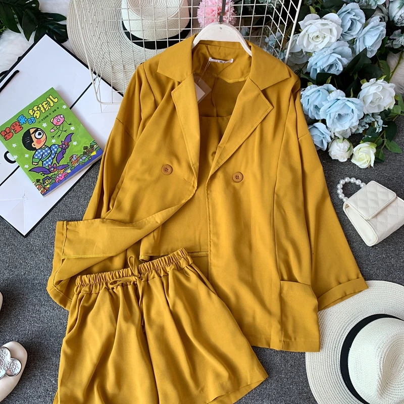 ALPHALMODA Лето Осень женский жакет с длинным рукавом+ топ на бретельках+ шорты повседневный комплект из 3 предметов женский однотонный наряд