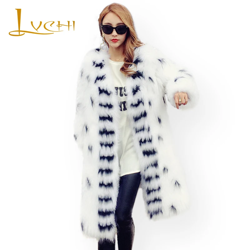 

LVCHI 2019 fashion winter Knitted Fox coat real natural furs coat Medium Slim V-Neck striped women Warm new style Outerwear