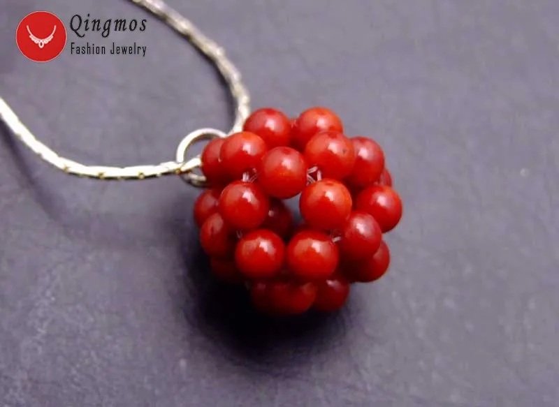 Qingmos Red Natural Coral Handwork Weaving 18-20mm Round Ball Pendant &amp Necklace for Women Silver Plated Chain Chokers 17'' |