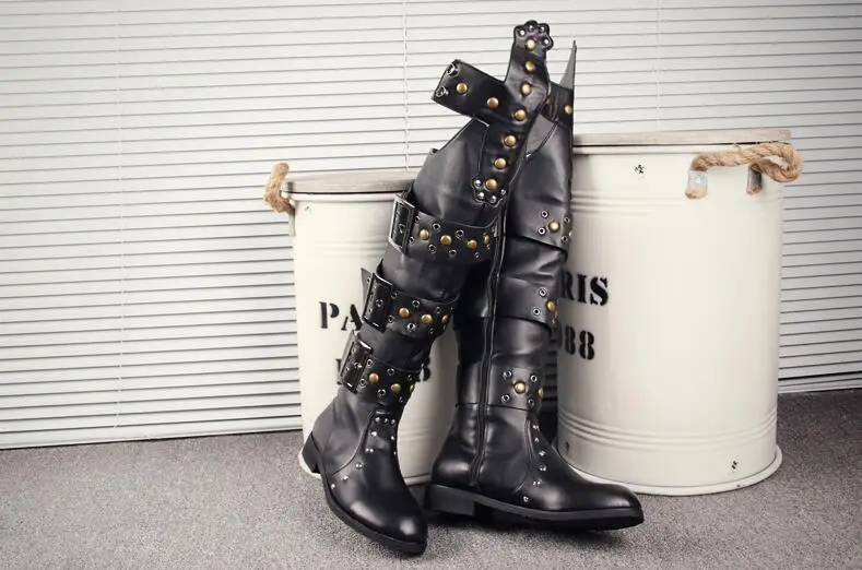 Knee High Boots Shoes Men Buckle Strap Rivets Punk Top Casual Martin Roman Flats Cut-Outs In elevator shoes | Обувь