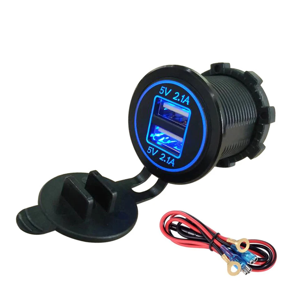 Blue with cable Универсальный автомобильный прикуриватель Зарядное устройство usb-устройство для DC12V-32V Водонепроницаемый Dual USB Зарядное устройство 2 Порты Мощность разъем 5В 2.1A/2.1A - Название цвета: Blue with cable