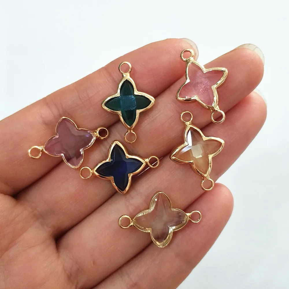

12pcs/lot 12colours Birthstone with two copper loops,Clover glass birthstone charms fit for jewelry necklace,size 14*21mm M0076
