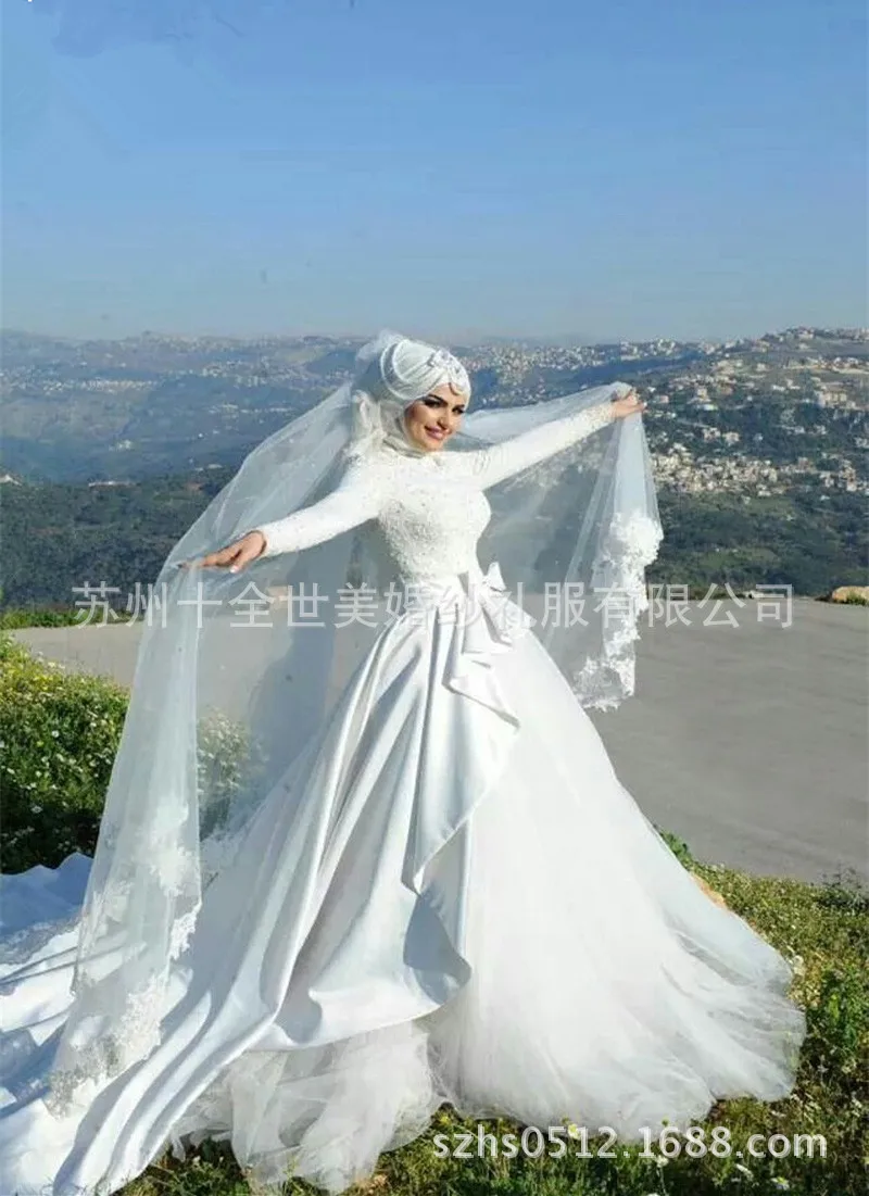 

Мусульманское свадебное платье с длинным рукавом, бальное платье с блестками и бисером, кружевное свадебное платье, свадебные платья baju renang