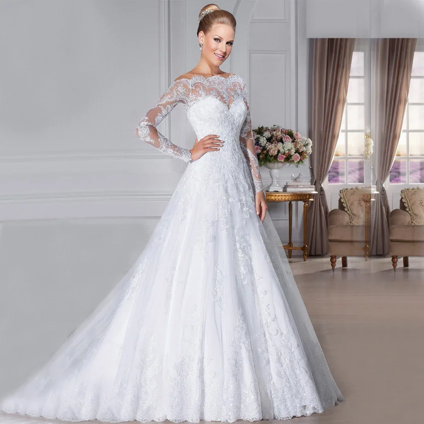 Vestidos де noiva 2017 Свадебное Платье Кружева Лодка Шеи Squined Аппликации Бальное платье