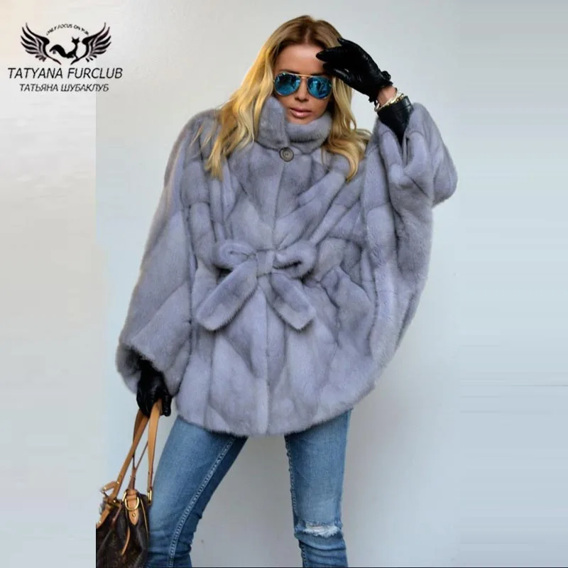 

Tatyana 2021 New Real Mink Fur Coat Women Bat Type Gray Fur Jackets With Stand Collar Cool Fashion Lady Real Fur Cloth Outwear