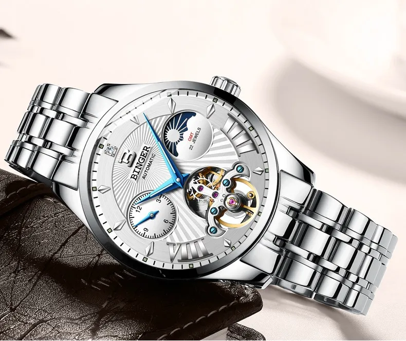 Tourbillon Бингер Мужские часы Роскошные деловые механические часы Мужские автоматические модные водонепроницаемые сапфировые спортивные часы с скелетом