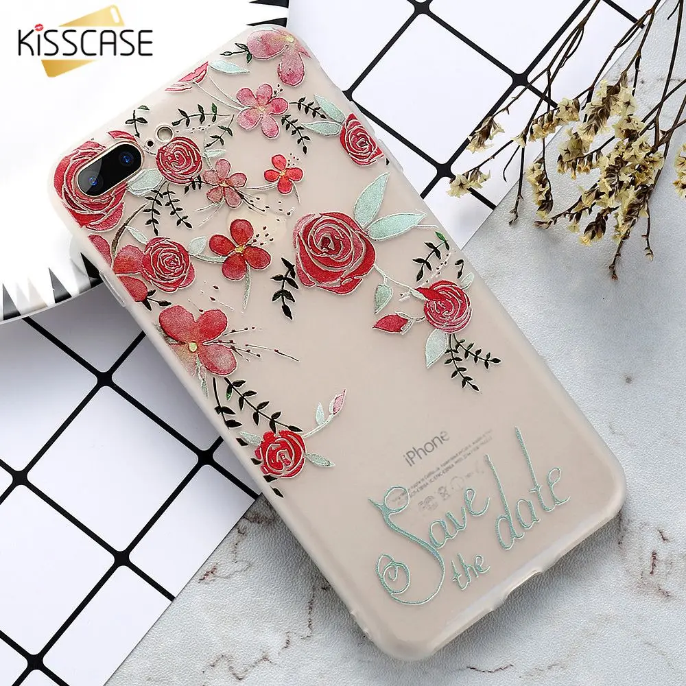 KISSCASE 3D Рельефный цветочный тисненый чехол для iPhone 7 8 Plus Мягкий силиконовый 6 S плюс