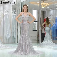 janevini sexy mermaid silver bridesmaid dresses sparkly sequined halter backless court train prom party gowns bruidsmeisjes jurk