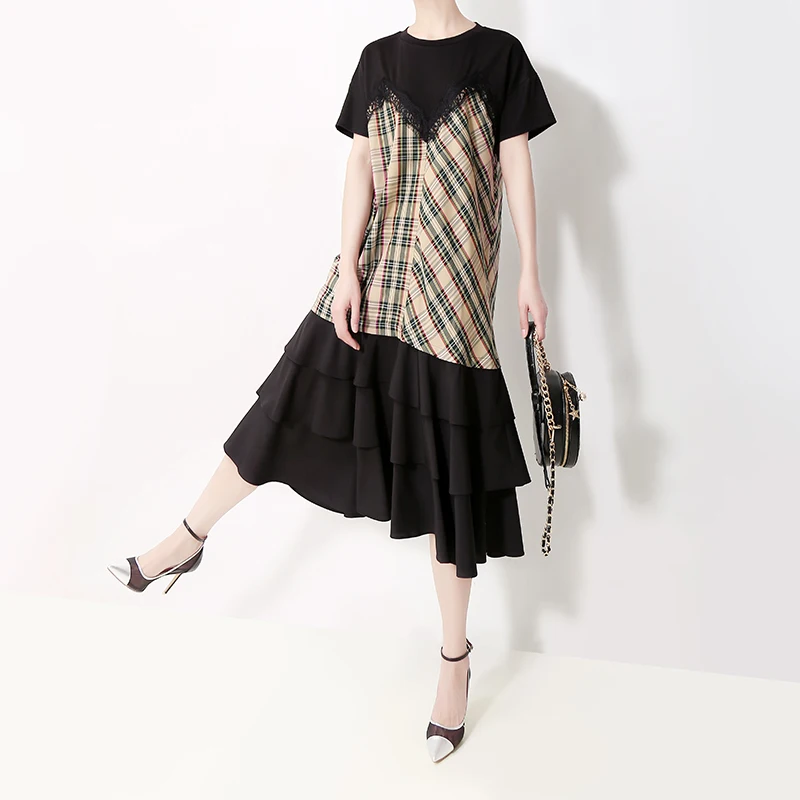 2019 корейский стиль женское летнее черное платье короткий рукав оборки подол