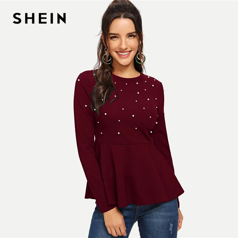 SHEIN Однотонный Топ С Баской И Бусинами, Нарядная Блуза С Длинными Рукавами
