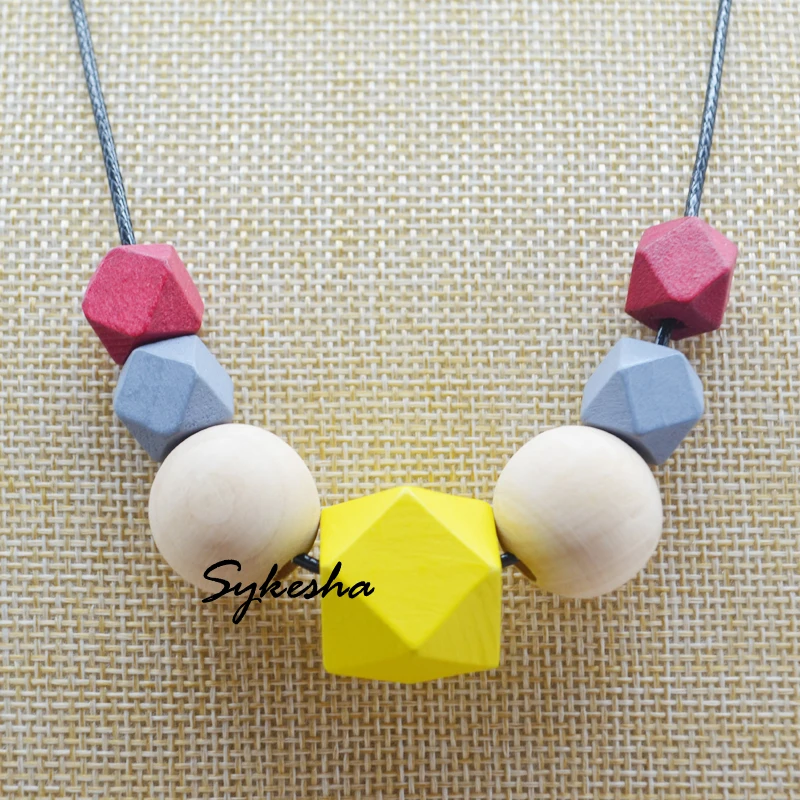  New Hot Selling Wood Geometric Beaded Necklace Chunky Faceted Wooden Beads Wax Cord Colorful Charm Statement | Украшения и
