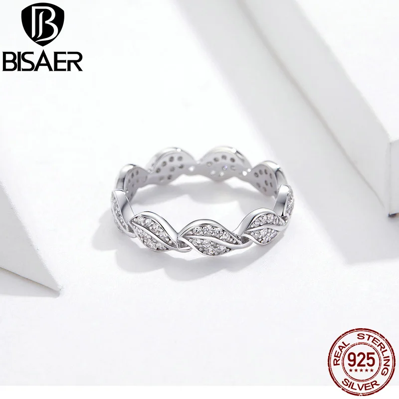 Ювелирные изделия BISAER с листьями, 925 пробы, серебряные светящиеся кольца с листьями дерева для женщин, свадебные украшения для помолвки EFR049