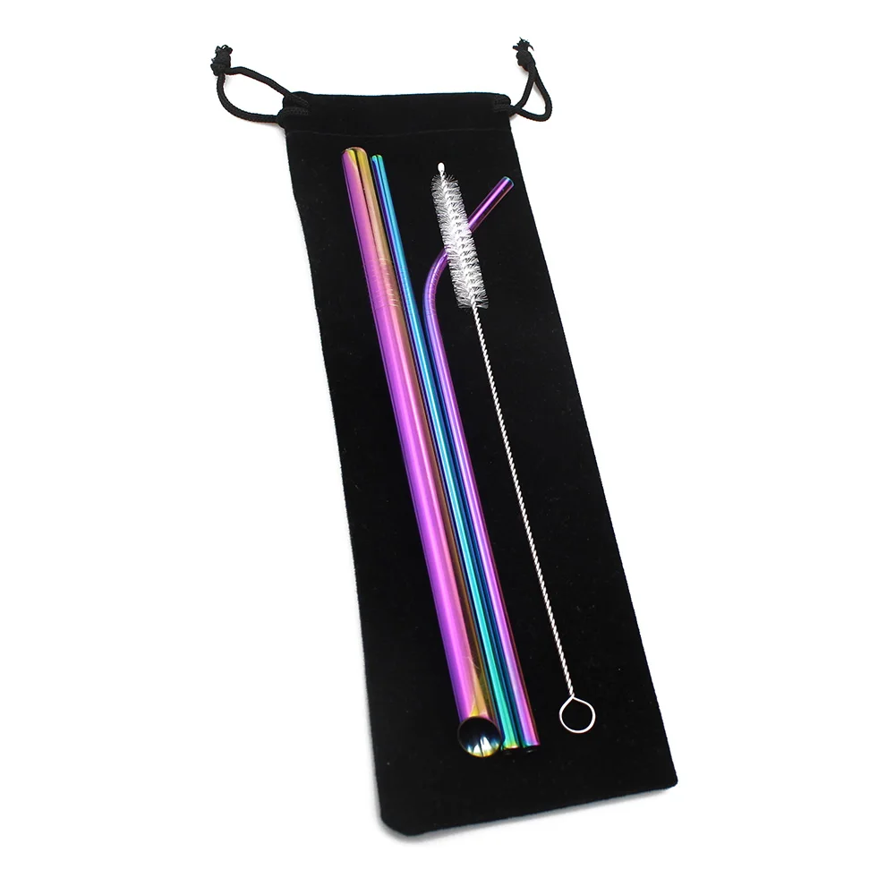 5pcs 304 Stainless Steel Sharp Pointy End Straw Reusable Metal Drinking Straws Set with Brush Bag For Home Party Bar Accessories - Цвет: Rainbow BlackBag