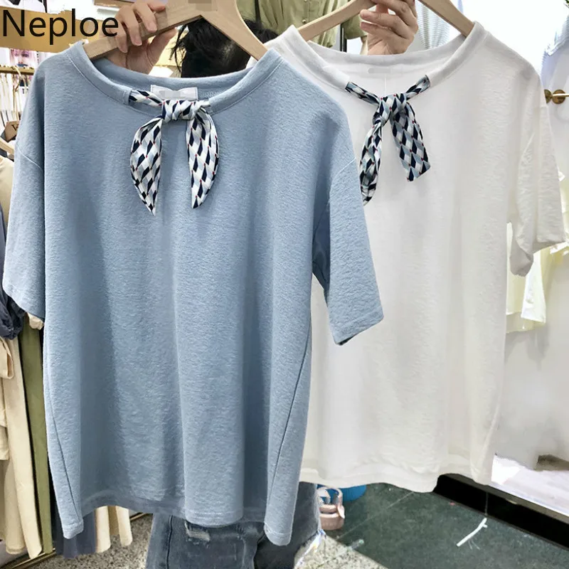 Neploe Solid Women Tops Summer 2019 New Scarf O-Neck Short Sleeve Tees Korean Fashion Cotton Ladies T Shirts 43734 | Женская одежда