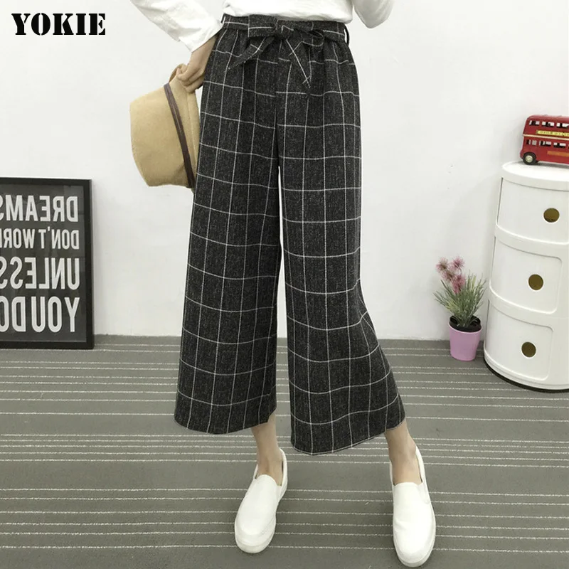 Летний стиль женские широкие брюки клетчатые льняные хлопковые высокая