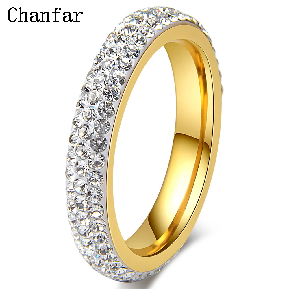 Gold plated Chanfar полный размер прозрачный кристалл Нержавеющая Сталь Обручальные кольца для женщин Девушка Вечерние ювелирные изделия подарок - Цвет основного камня: Gold plated