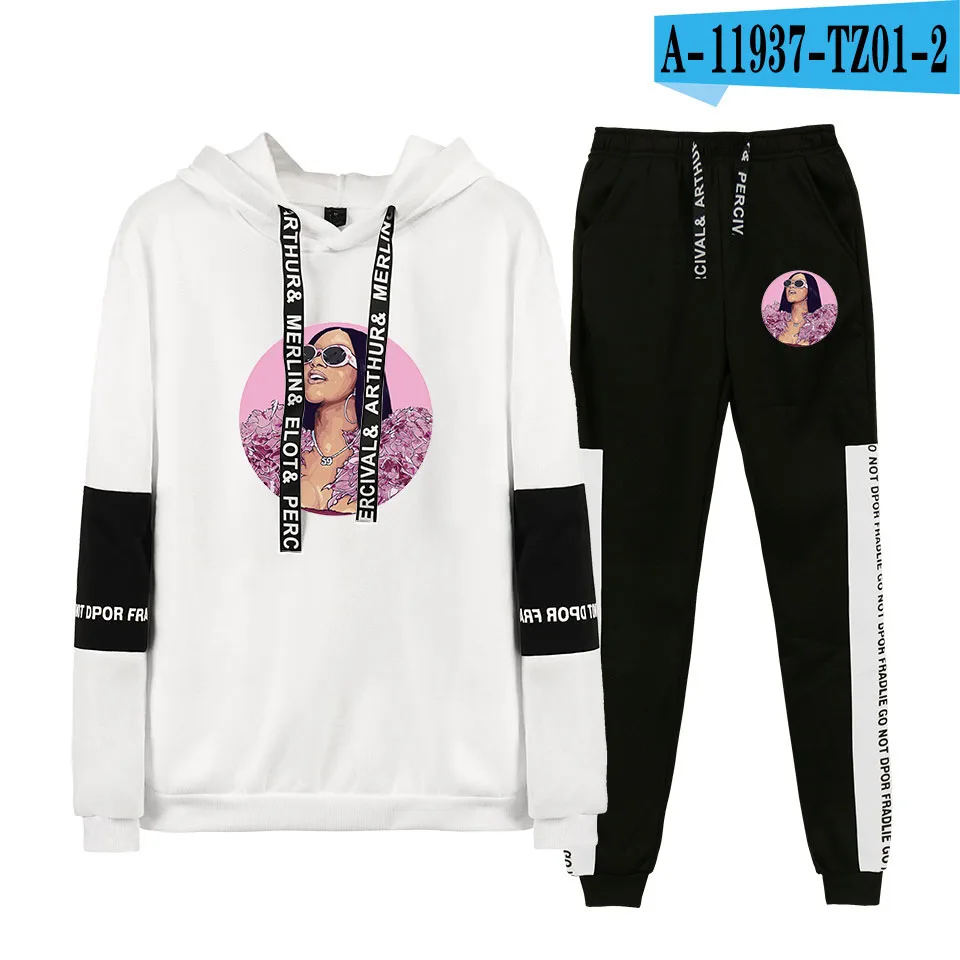 Cardi B Толстовки Кофты комплект из двух предметов для женщин Harajuku осенняя одежда для комплект из 2 предметов топ+ брюки уличная подходящая пуловеро - Цвет: Фиолетовый