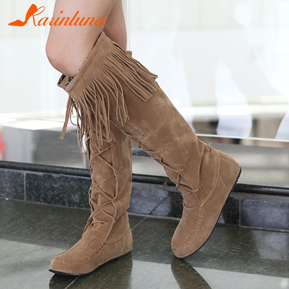 

KARINLUNA Brand New Solid Ladies Flat With Round Toe Fringe Shoes Woman Casual Soft Winter Knee-High Boots Large Size 34-43