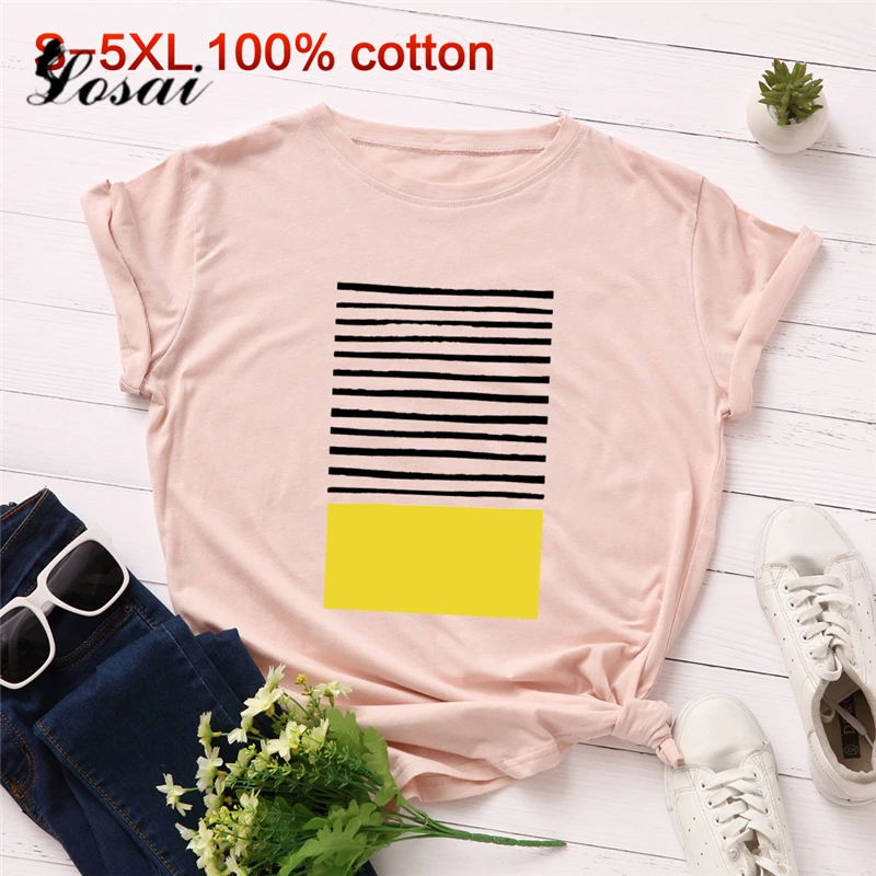 Футболка женская летняя с коротким рукавом принтом в полоску 100% хлопок большие