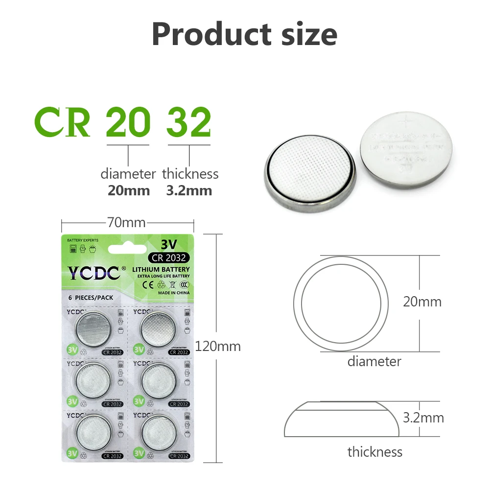 6 шт./1 карта Литиевые кнопочные батареи YCDC CR2032 DL2032 ECR2032 BR2032 батарея для монет 3 в CR - Фото №1