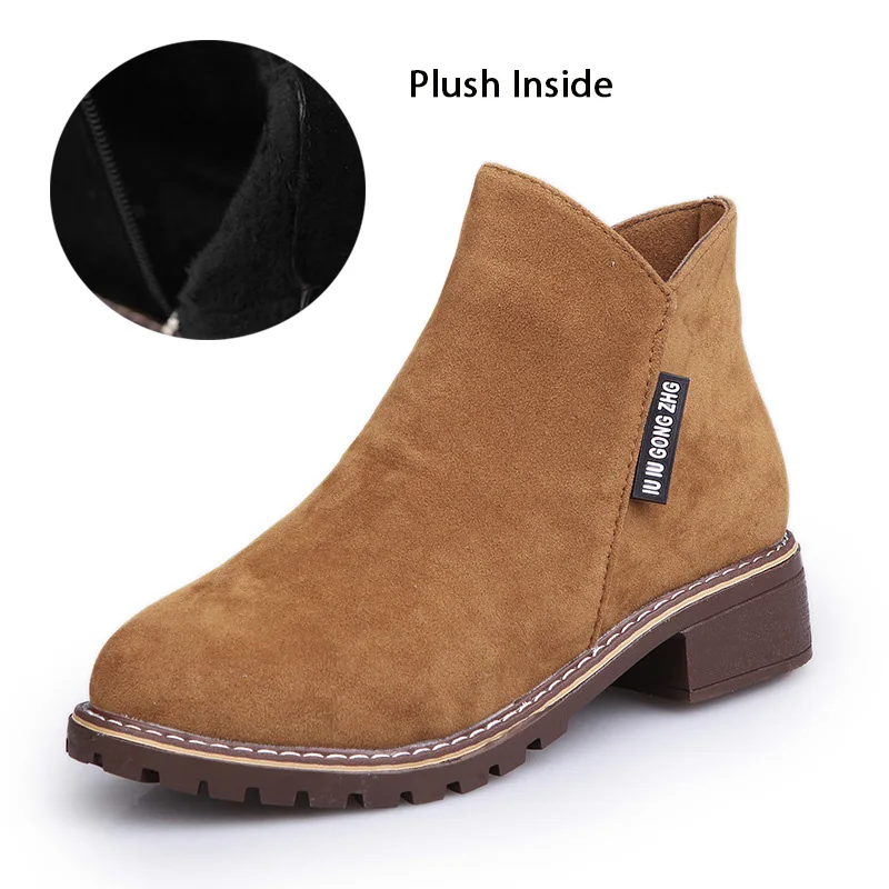 Brown(Plush) Новинка; классические женские ботильоны; зимняя женская повседневная обувь для снежной погоды; женская замшевая обувь на толстом каблуке с теплым мехом и плюшем; женские ботинки - Цвет: Brown(Plush)