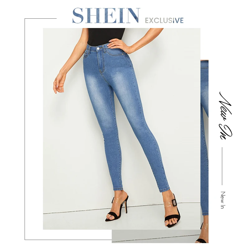 SHEIN отбеливание карман Эластичные Обтягивающие джинсы женские Повседневное джинсовые Высокая Талия джнисовая пуговица и застежка-молния синие женские джинсы