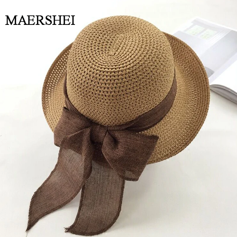 

MAERSHEI 2019 New Sun hat women summer straw hats for chapeau femme gift Bow Panama Straw Hat Folded Floppy Beach Ladies cap