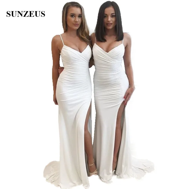 

Sheath Spaghetti Straps Bridesmaids Dresses For Women Long Ivory Chiffon Wedding Party Gowns Sexy Side Slit Summer Formal Wear