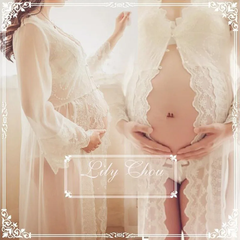 

Royal Style White Maternity Lace Dress Pregnant Photography Props Fancy Pregnancy maternity photo shoot long dress Nightdress