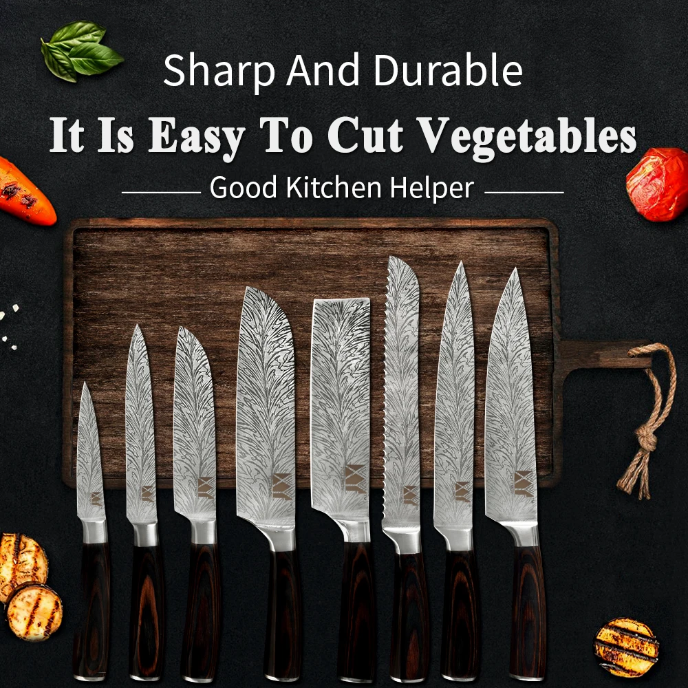 XYj японский набор кухонных ножей Santoku, нож для нарезки хлеба, нож для очистки овощей, нож с 6/8 дюймовым держателем для ножей