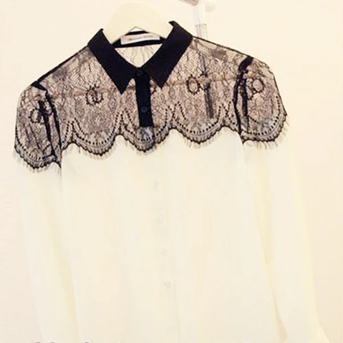 Женская шифоновая блузка черная с кружевом длинным рукавом | одежда