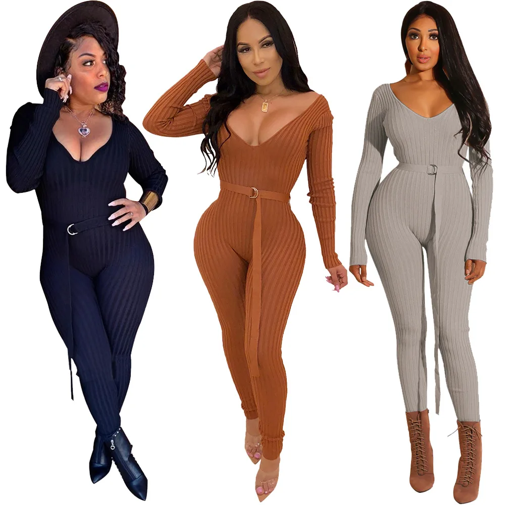 Sexy Low Cut V-neck Jumpsuit Women Long Sleeve Cold should Knit Skiny Lady Bodycon Waist Cincher Night Club Party Female Outfits | Женская