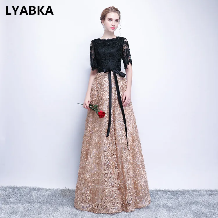 Новинка 2019 модное вечернее платье черного цвета с хаки кружевное до пола