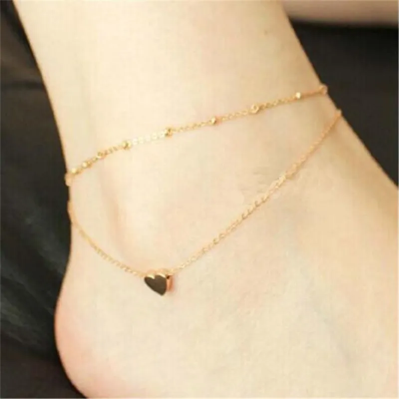 L130 New Double Layer Heart Anklets Barefoot Sandals Foot Jewelry On Ankle Female Bracelets For Women Leg Chain | Украшения и