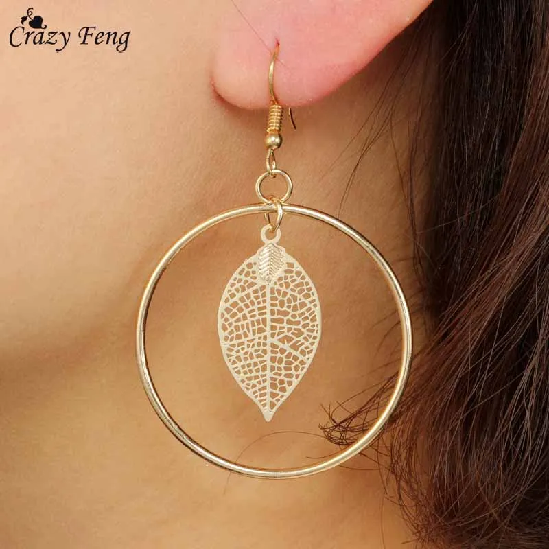 Crazy Feng Gold Silver Color Trendy Earrings Circle With Hollow Leaf Boho Boucles d'oreilles Femmes Brincos Exaggerated Jewelry |