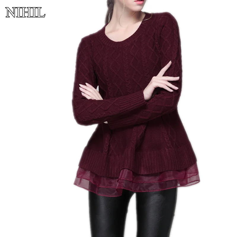 Women Knitted Lace Sweater Dresses 2017 Latest Long-Sleeve O-Neck Red Knitwear Fashion Crochet Pullovers Clothing Tops | Женская одежда