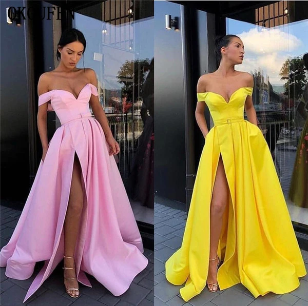 Женское бальное платье с высоким разрезом желтое или розовое для выпускного