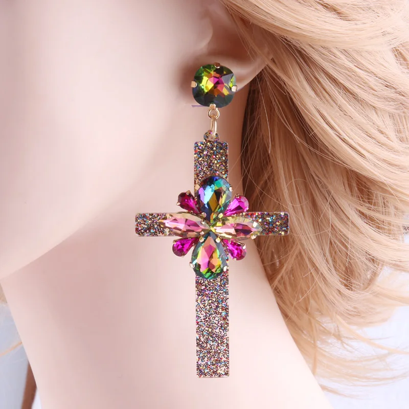 Multicolored Серьги-подвески NeeFu WoFu из смолы с крестиком, брендовые большие серьги с кристаллами, большие длинные серьги Brinco, аксессуары для ушей, Oorbellen, рождественский подарок - Окраска металла: Multicolored