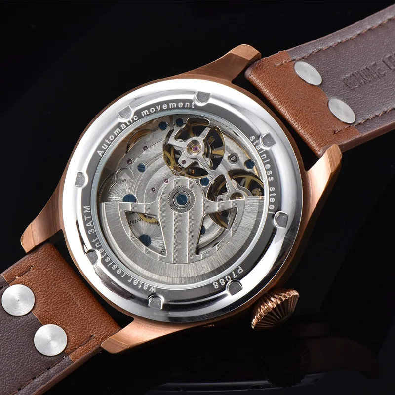 Corgeut 46mm Mens Automatic Watch Coffee PVD Case Luminous Dial WristWatch Date Function Flywheel Mechanical Watches CA3023CC | Наручные