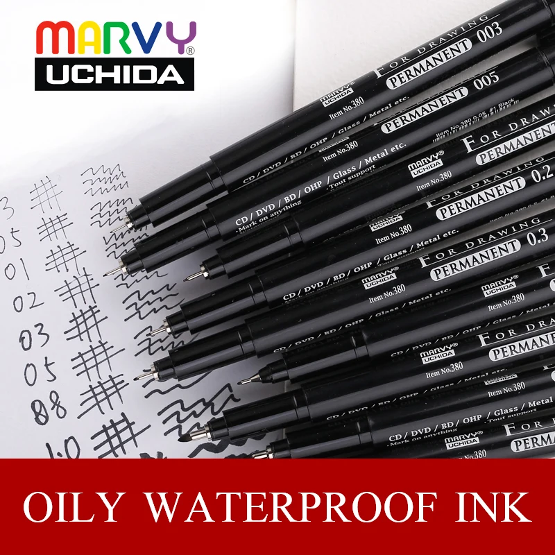 Marvy 380 маркеры ручки 003/005/0,1/0,2/0,3/0,5/0,8/1,0/кисти для рисования Liner Набор манга Водонепроницаемый комиксов тонко пишущие иглы ручки