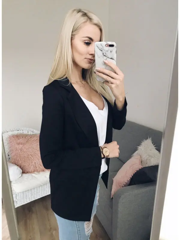 

Women Fashion Slim OL Jacket Coat Casual Solid Open Stitch Long Sleeves Tops Business Outwear
