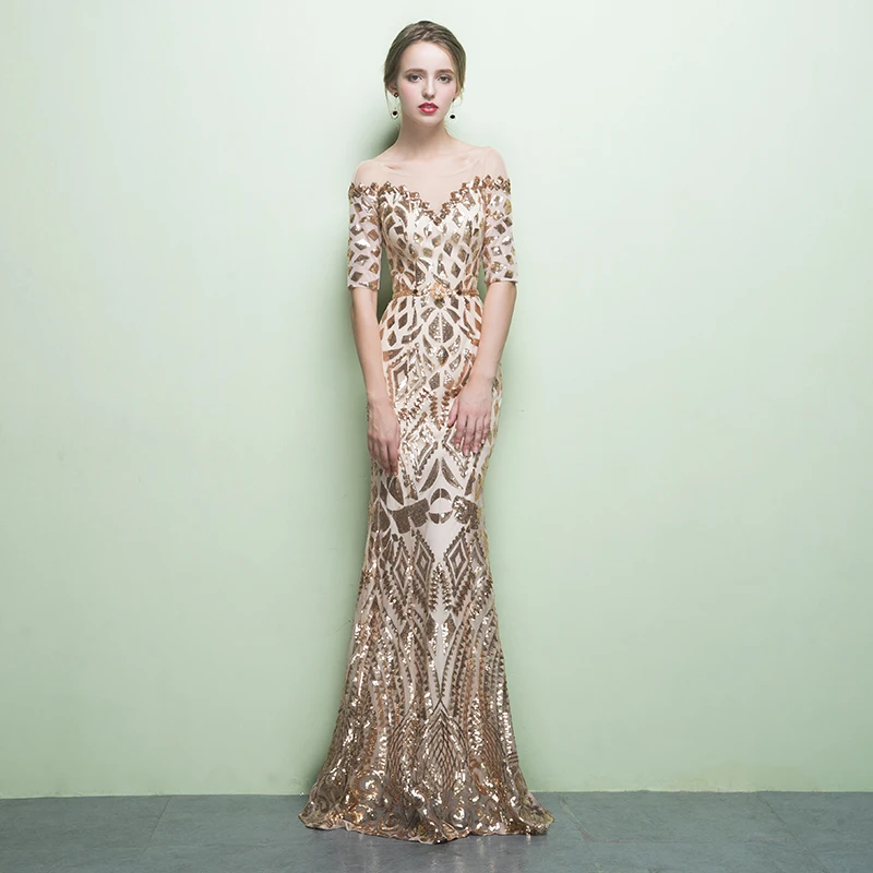 Vestido de festa с вырезом Лодочка пикантное Золотое вечерние платья пайетками