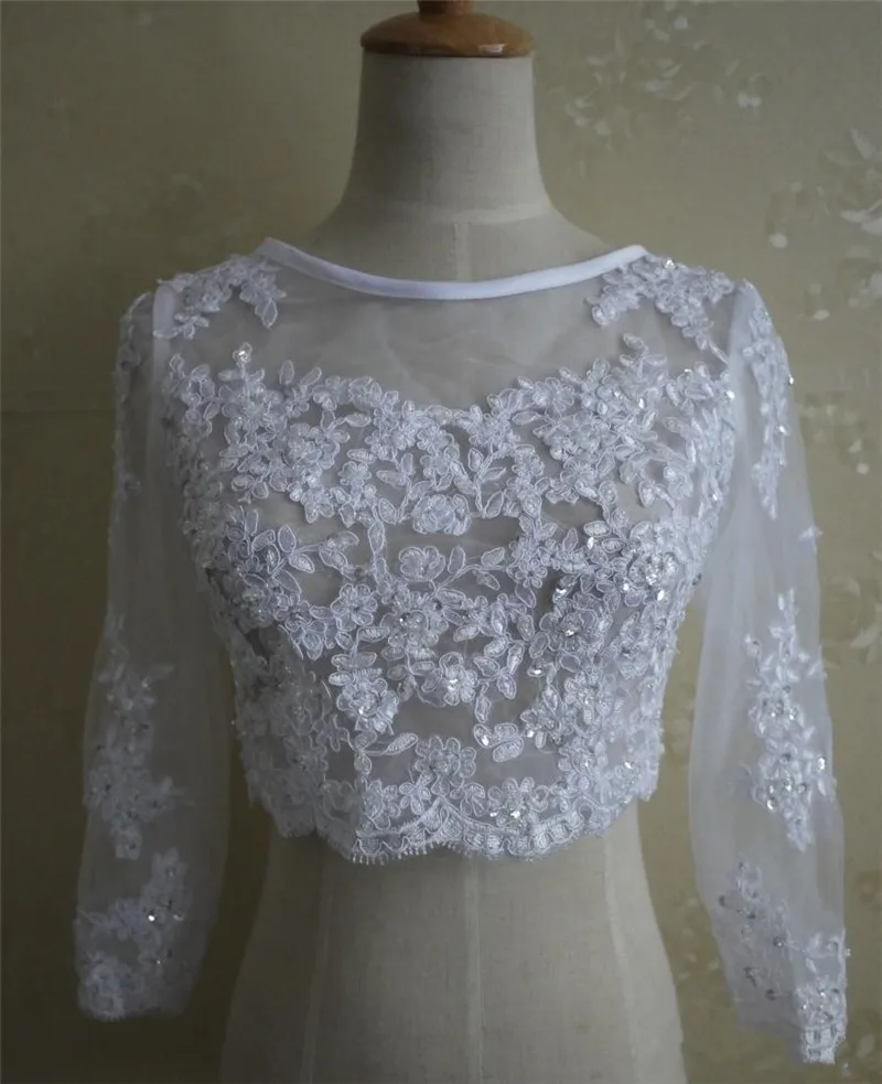 Белая кружевная Свадебная куртка с длинным рукавом и глубоким круглым вырезом
