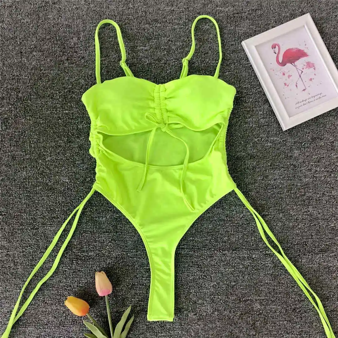 Neon Green Новинка, слитный купальник со шнуровкой,, женская одежда для плавания, женский купальный костюм с высокой посадкой, купальник, монокини, V1290 - Цвет: Neon Green
