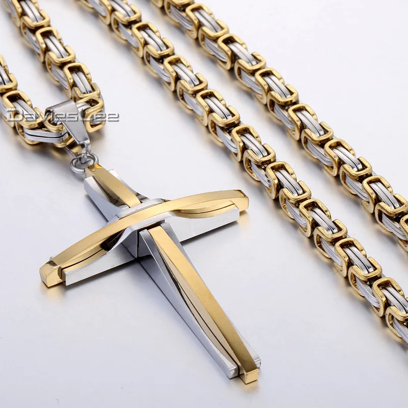 Davieslee Cross Pendant Necklace Chain for Men Stainless Steel Gold Black Silver Color Mens Necklaces Chains Jewelry LKP355 | Украшения и
