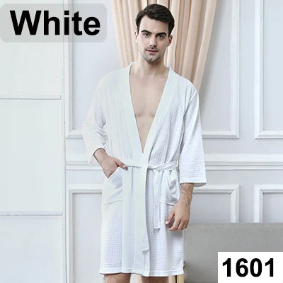 Men White Мужской Халат размера плюс до колена, банный халат, летнее сексуальное вафельное кимоно, мужской халат, однотонный вязаный Халат - Цвет: Men White