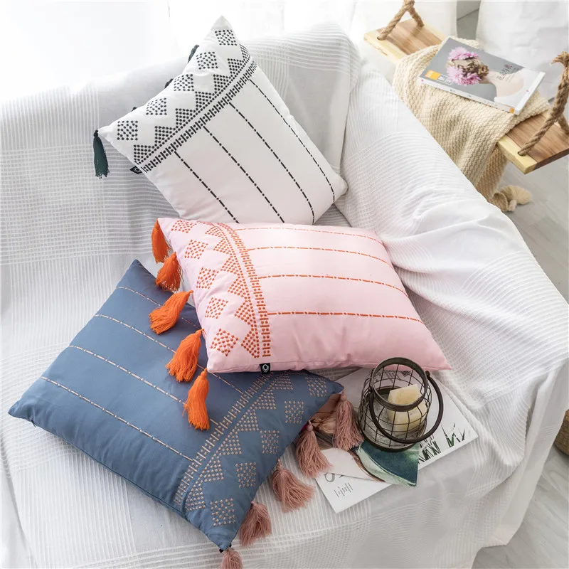 Spring Cushion Cover Pink Blue Black White Home Decorative Embroidery Tassels Pillow Cover for Home Sofa Bed Rectangle 38x48cm